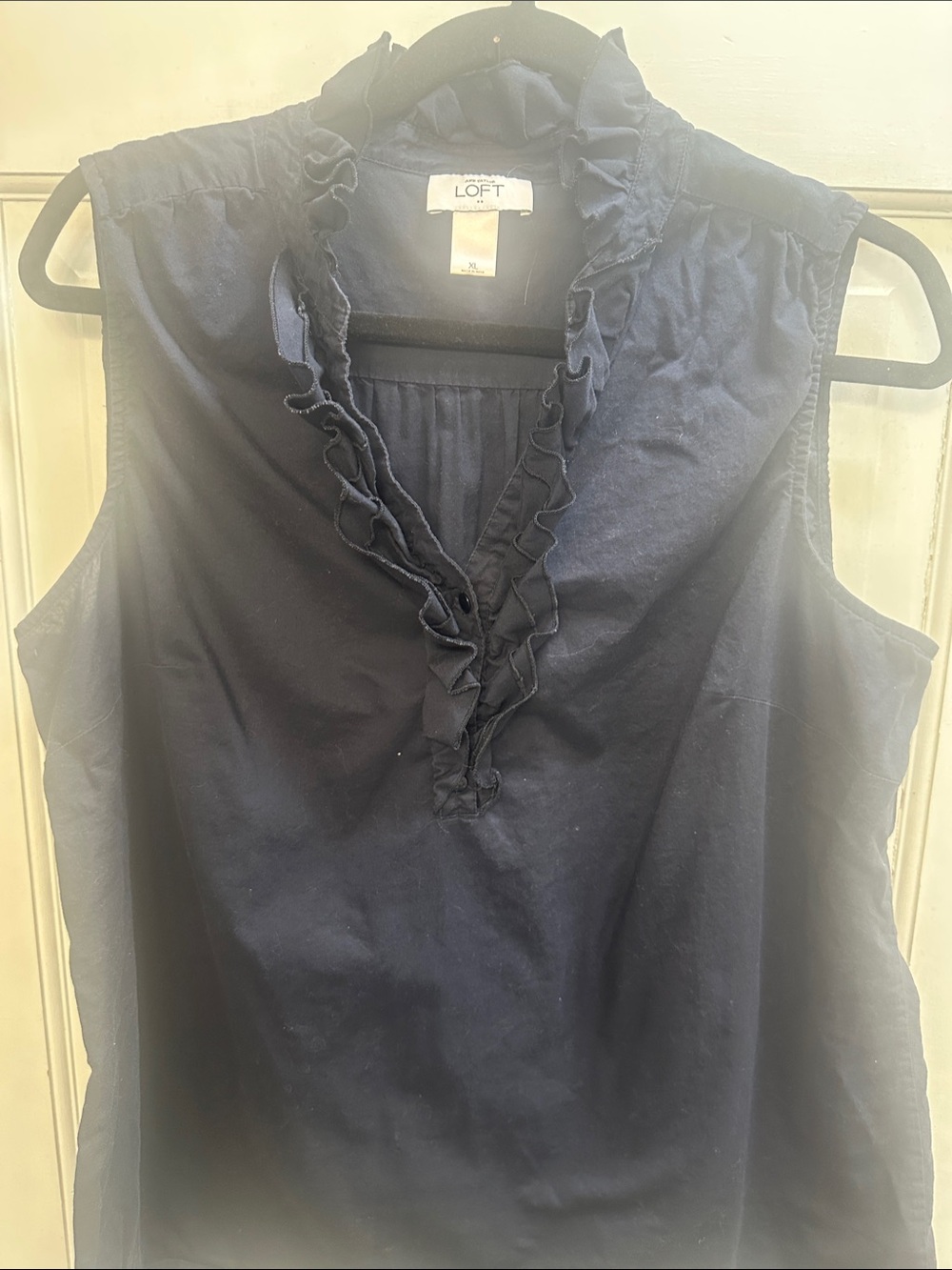 LOFT Navy Sleeveless Ruffle V-Neck Blouse